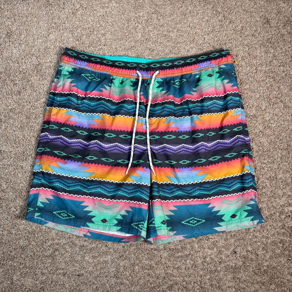 No Boundaries Swim Trunks Men's Large Aztec Print Elastic‎ Waistband Drawstring